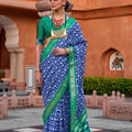 Royal Blue White Patola Silk Saree with Green Zari Border 