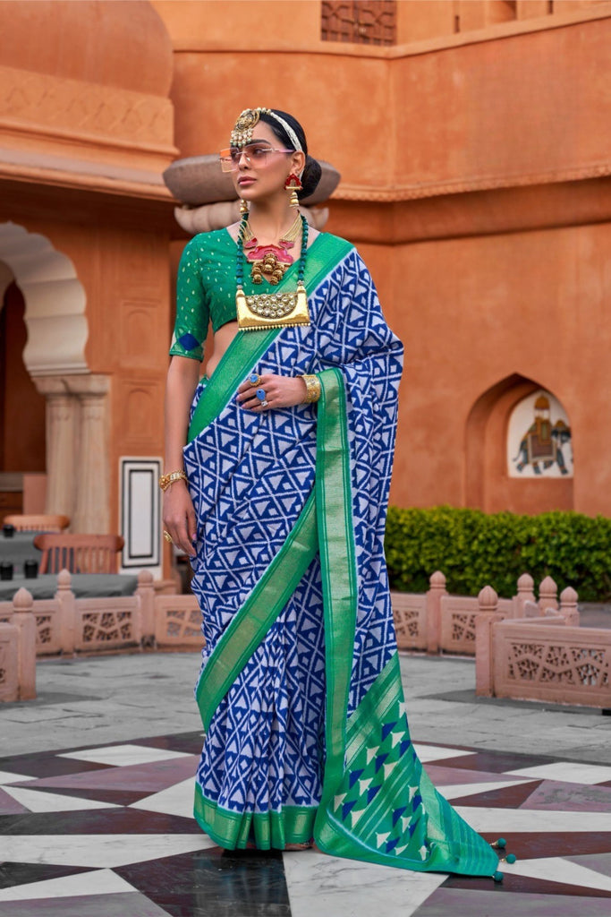 Royal Blue White Patola Silk Saree with Green Zari Border 