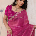 Rani Pink Silk Saree Golden Zari Embroidery Border Matching Blouse