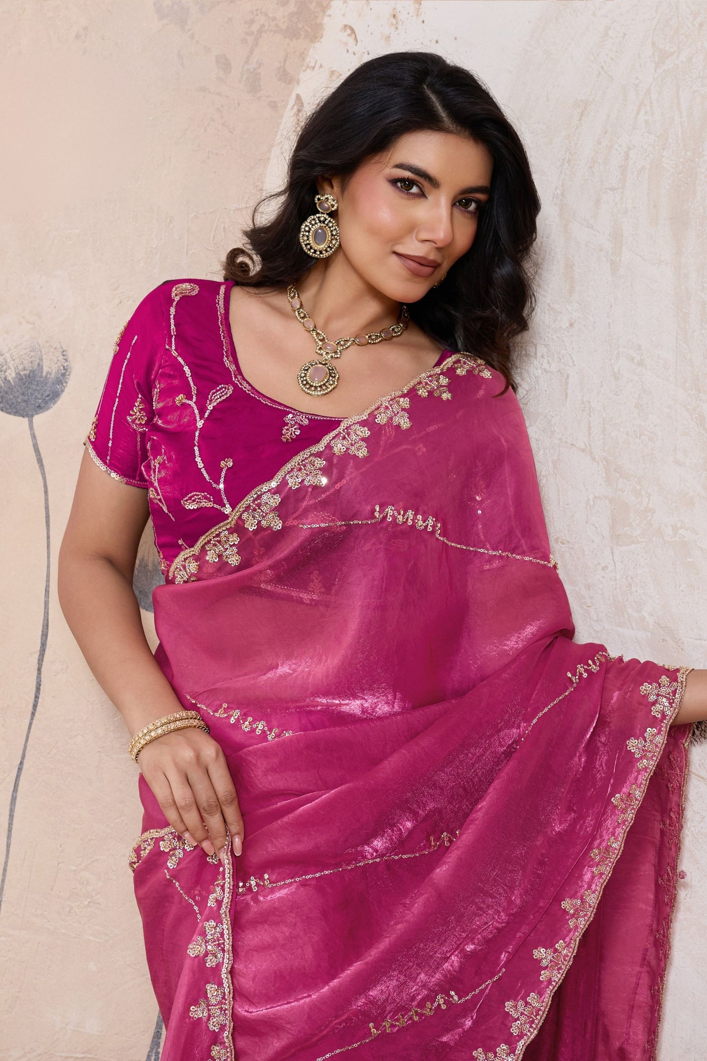 Rani Pink Silk Saree Golden Zari Embroidery Border Matching Blouse