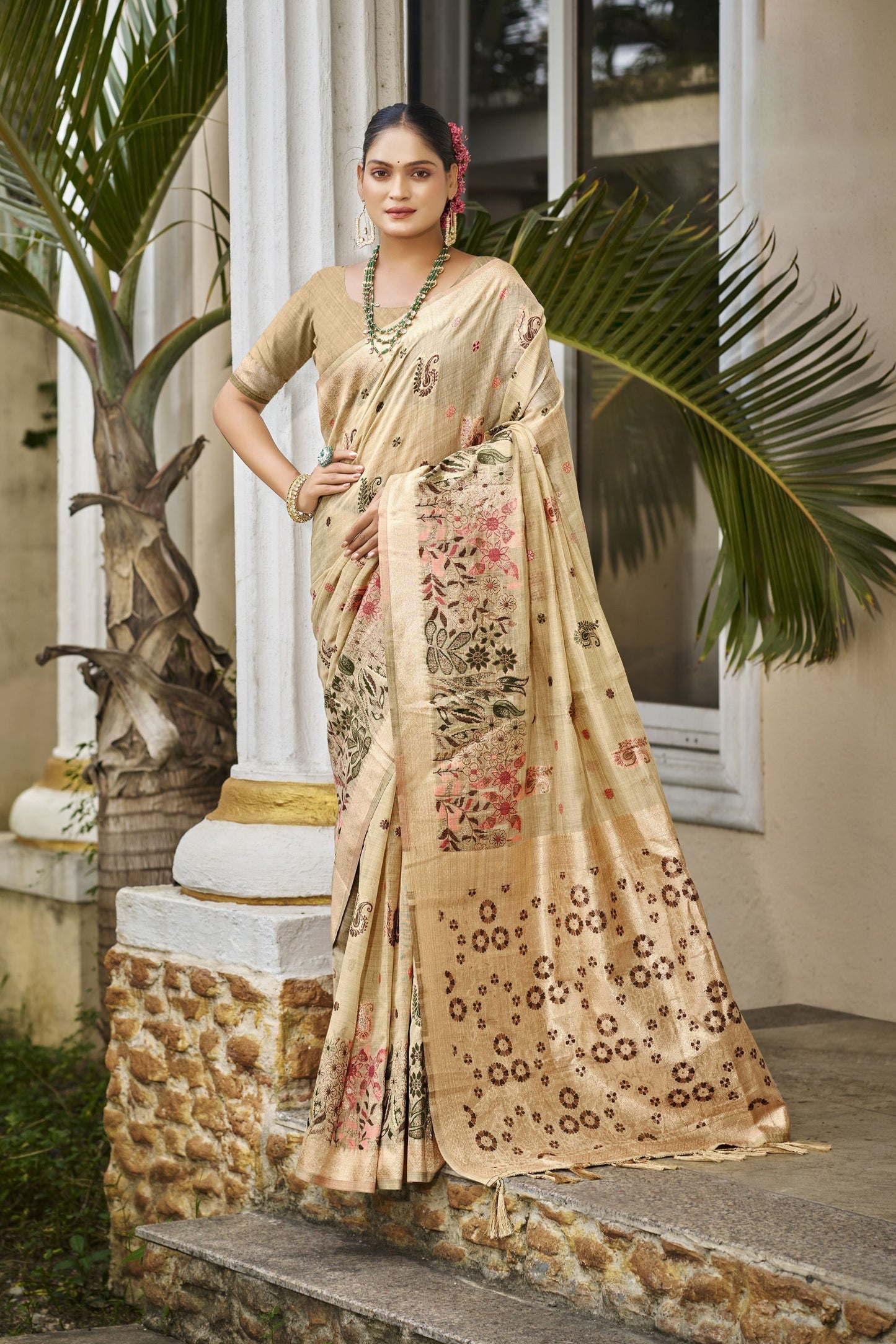 Beige Banarasi Silk Saree with Zari Weaving Pallu Festive Wear