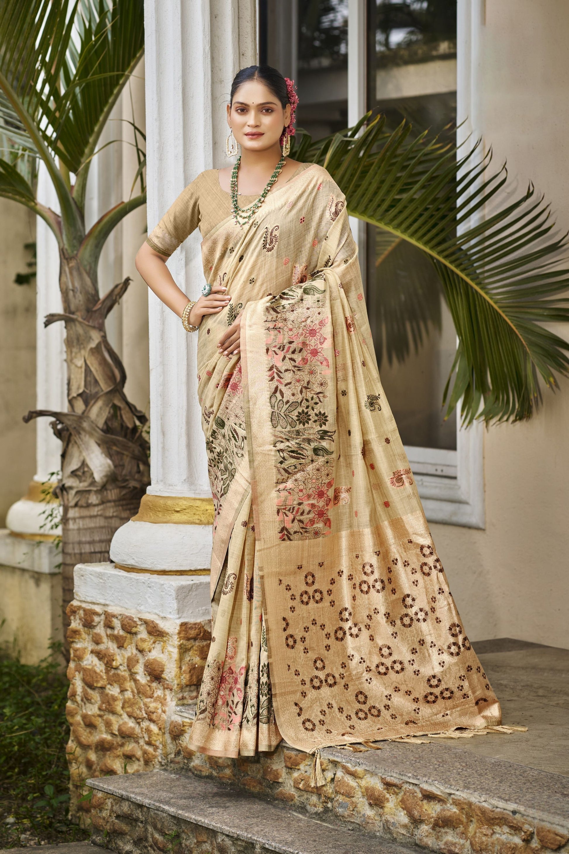 Beige Banarasi Silk Saree with Zari Weaving Pallu Festive Wear