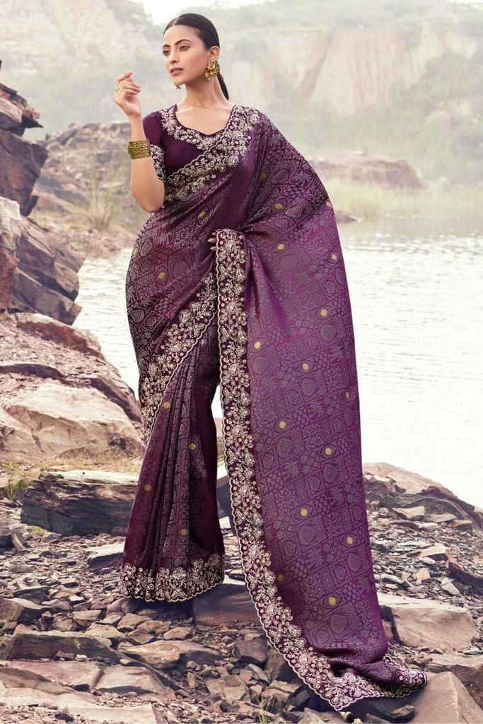 Purple Banarasi Silk Saree with Heavy Embroidered Border
