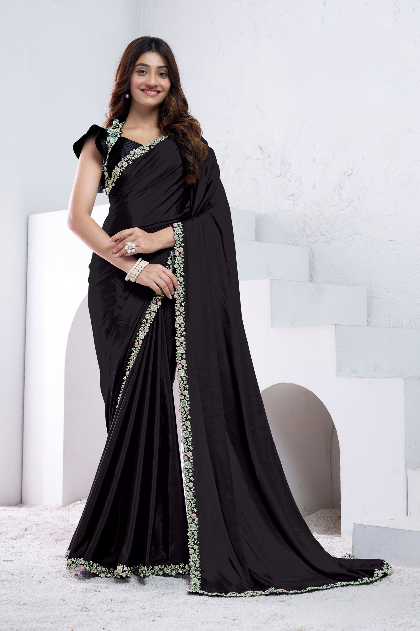 Elegant Black Floral Embroidered Saree Designer Party Wear Saree