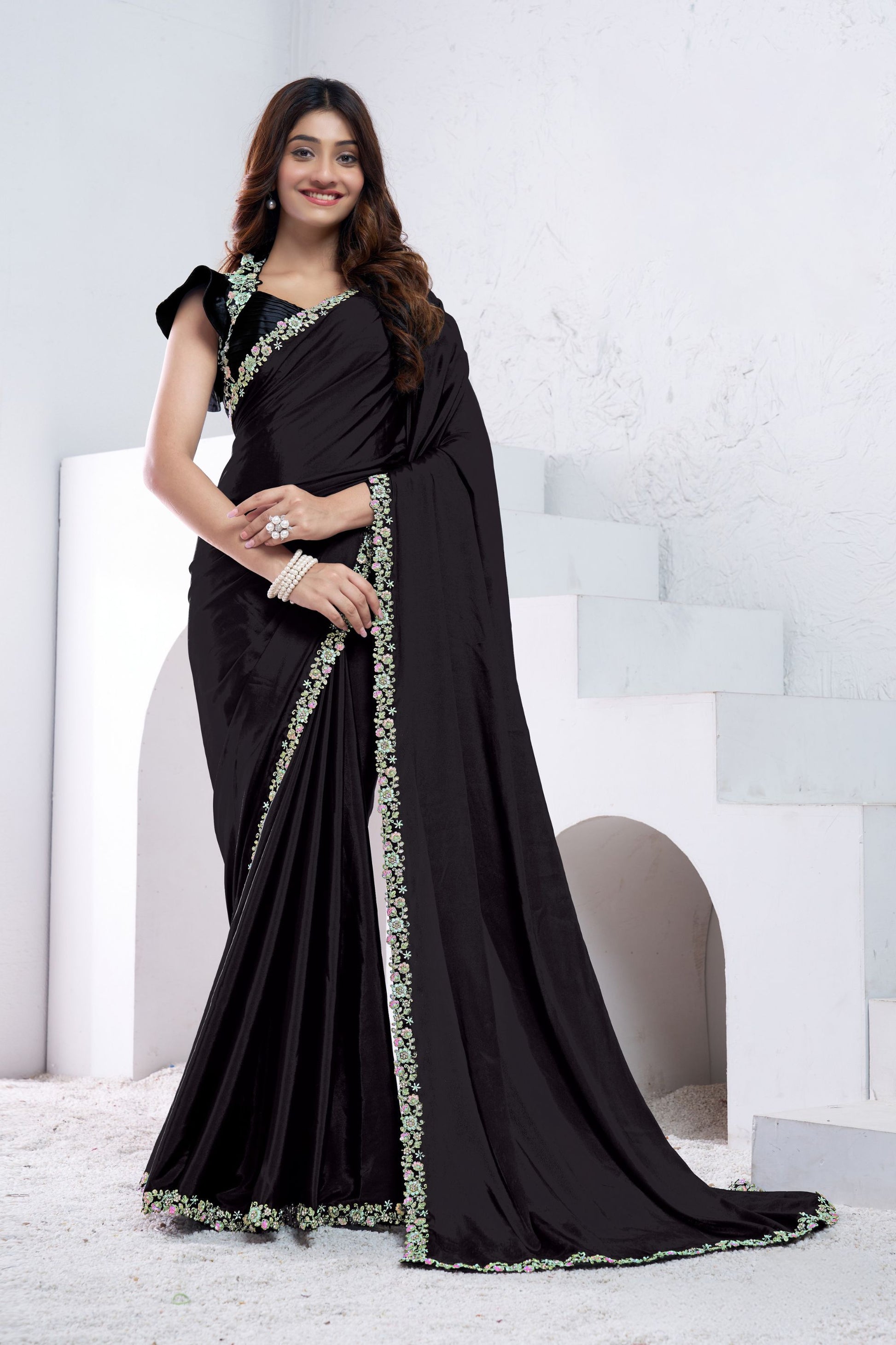 Elegant Black Floral Embroidered Saree Designer Party Wear Saree