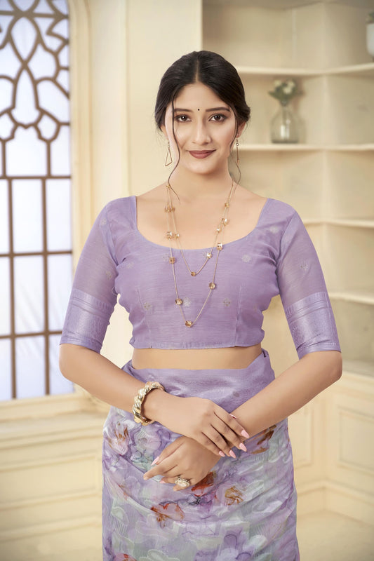 Lavender Floral Printed Linen Silk Saree with Subtle Zari Detailing and Blouse Piece