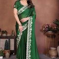 Bottle Green Satin Silk Saree Heavy Floral Embroidered Border Designer Blouse 
