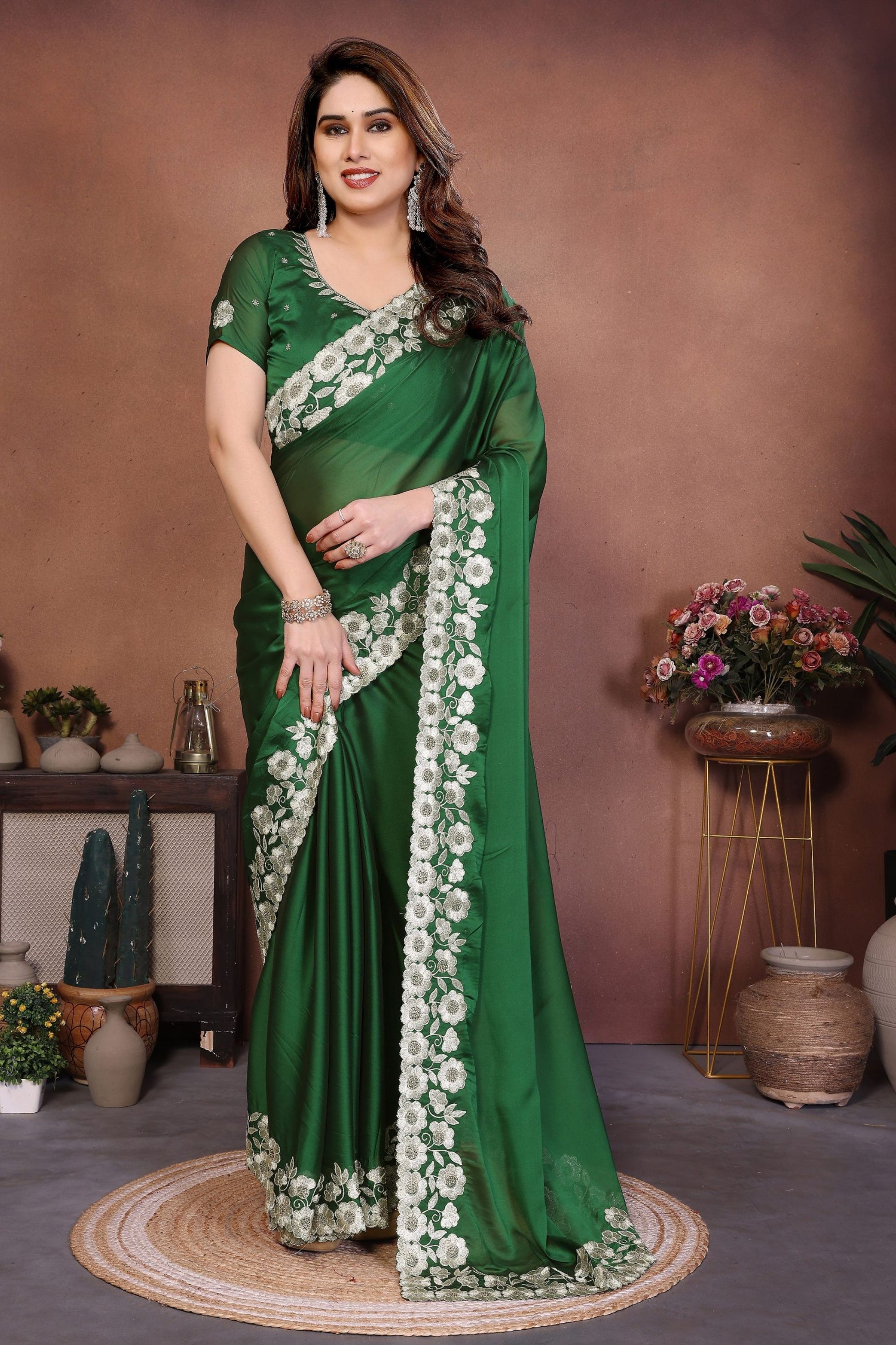 Bottle Green Satin Silk Saree Heavy Floral Embroidered Border Designer Blouse 