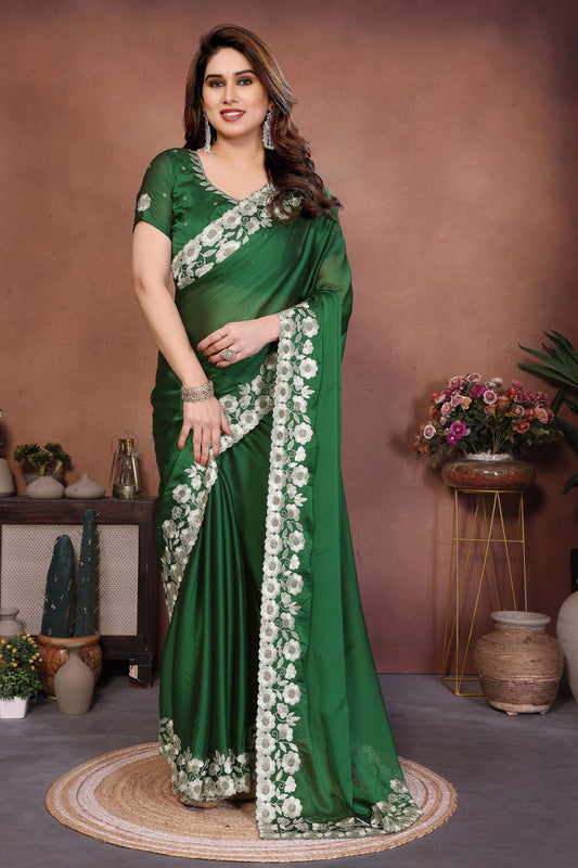 Bottle Green Satin Silk Saree Heavy Floral Embroidered Border Designer Blouse 