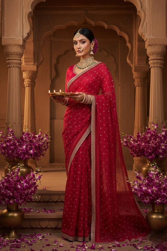 Elegant Red Bridal Saree with Embroidered Border