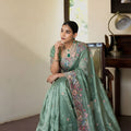 Sage Green Embroidered Satin Silk Saree Floral Designer Border