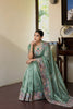 Sage Green Embroidered Satin Silk Saree Floral Designer Border