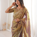 Copper Brown Organza Silk Saree Golden Thread Embroidery Designer Blouse