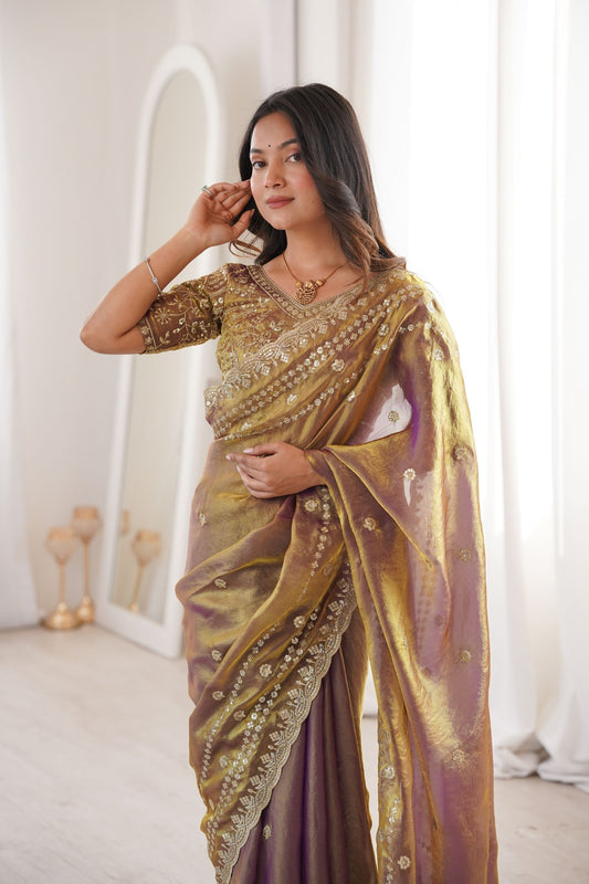 Copper Brown Organza Silk Saree Golden Thread Embroidery Designer Blouse