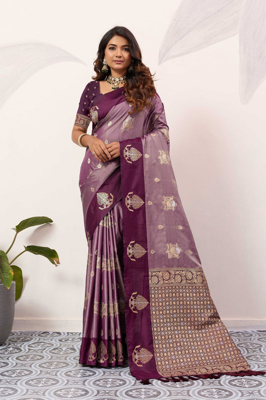 Wine Purple Banarasi Silk Saree Gold Zari Motifs Rich Woven Pallu