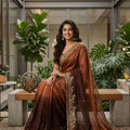 Coffee Brown Ombre Silk Saree with Zari Embroidered Border