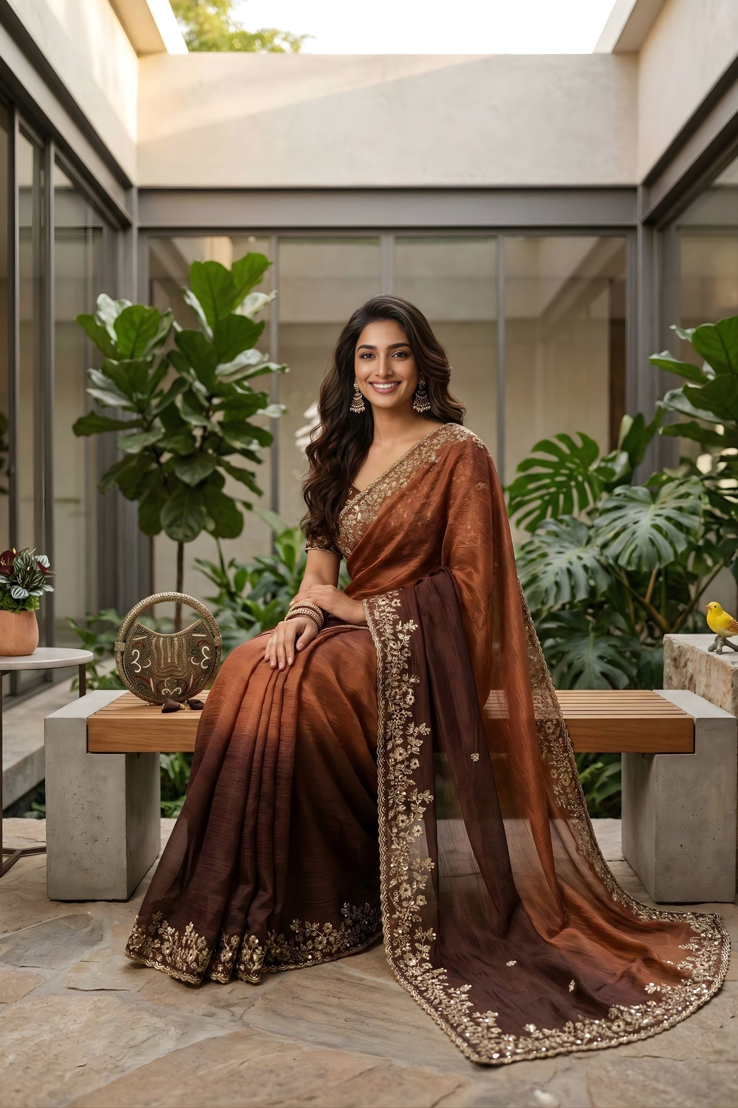 Coffee Brown Ombre Silk Saree with Zari Embroidered Border
