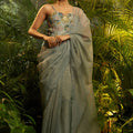 Sage Grey Crushed Tissue Saree Designer Floral Printed Blouse 