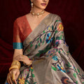 Grey Banarasi Silk Saree with Multicolor Rich Copper Zari Pallu