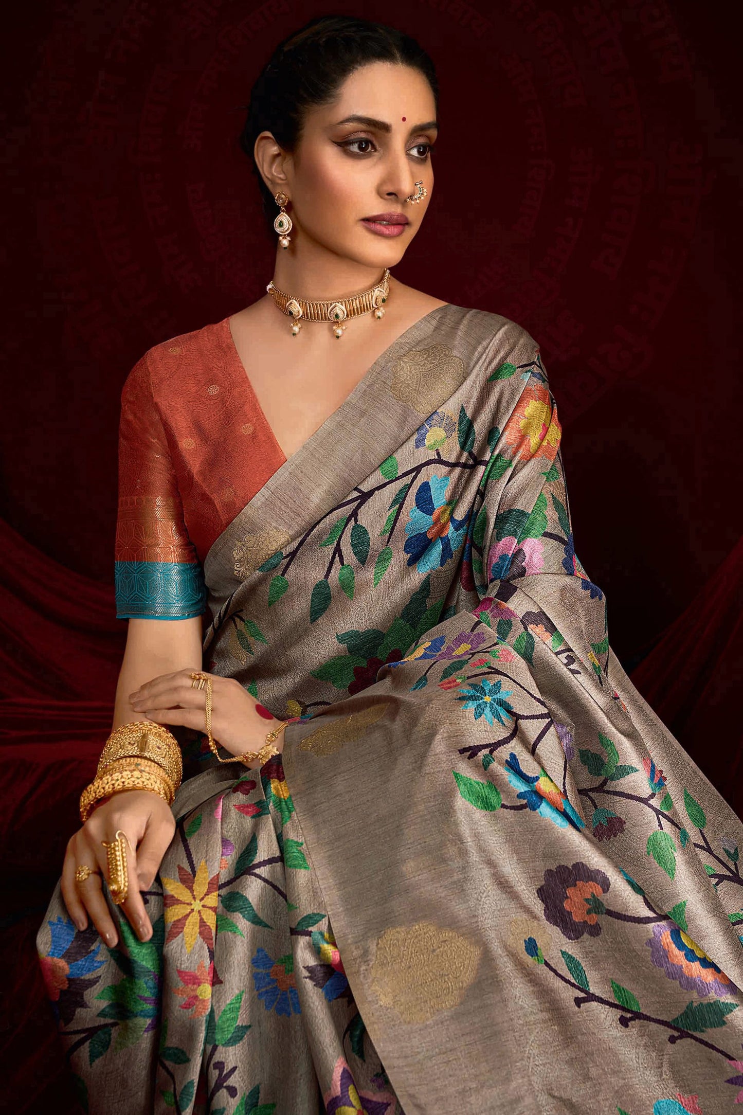 Grey Banarasi Silk Saree with Multicolor Rich Copper Zari Pallu