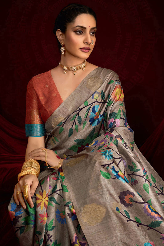 Grey Banarasi Silk Saree with Multicolor Rich Copper Zari Pallu