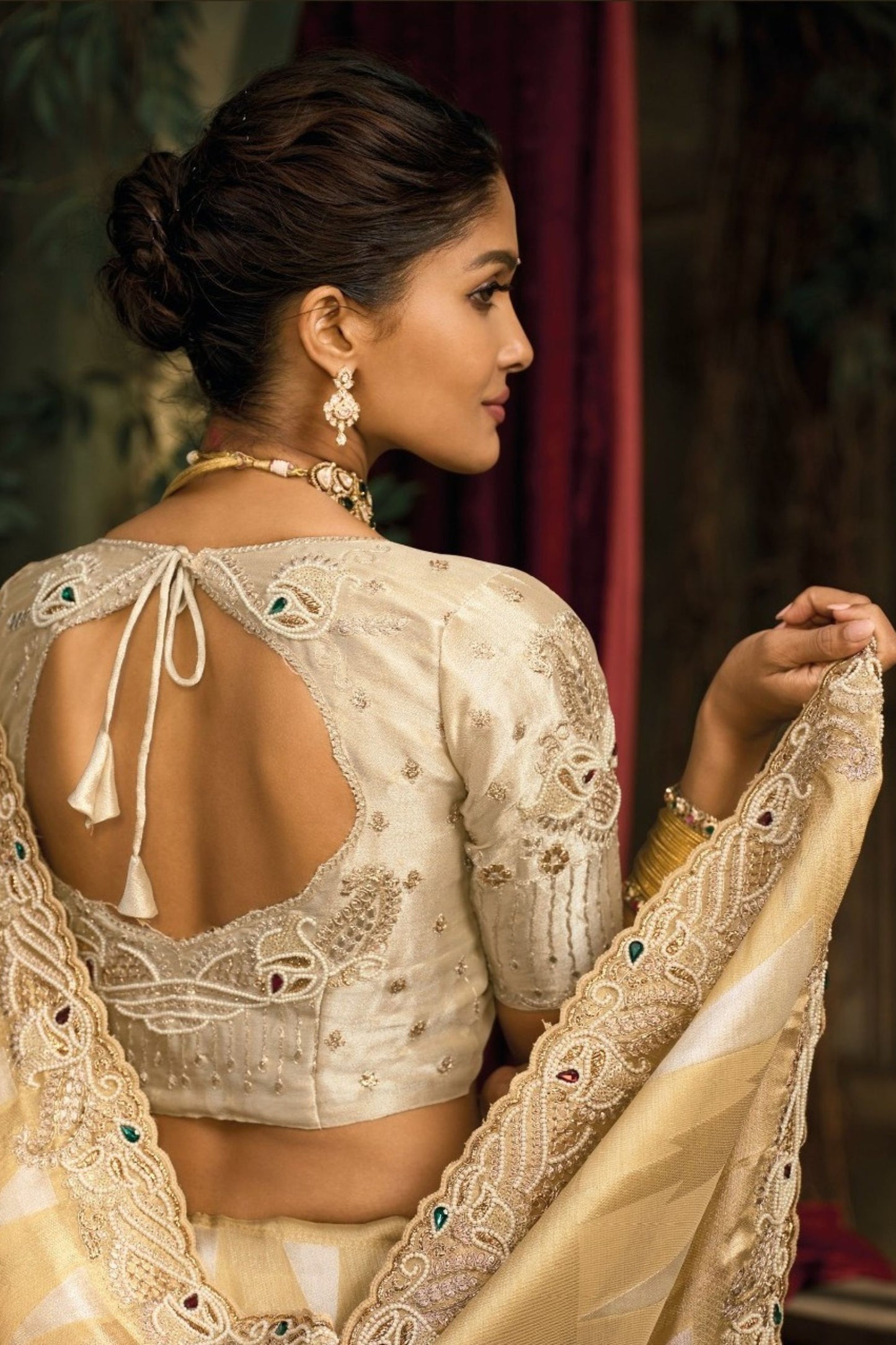 Golden Beige Silk Saree with Embroidered Border Designer Blouse