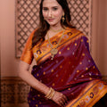 Rich Maroon Paithani Silk Saree with Contrast Orange Zari Border