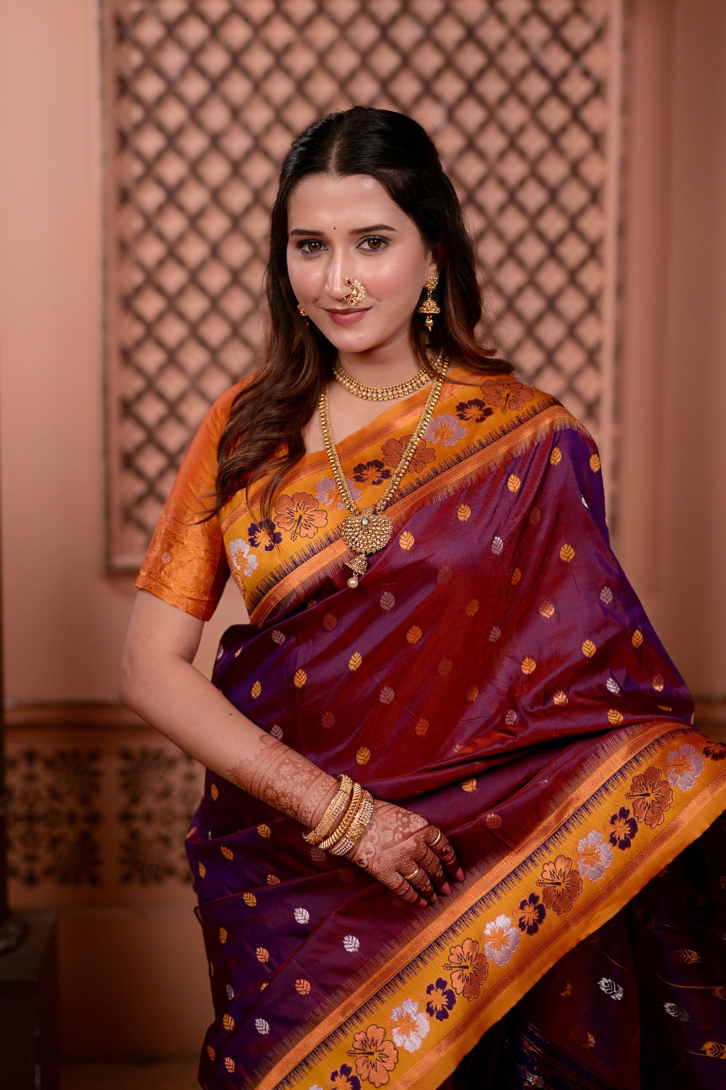 Rich Maroon Paithani Silk Saree with Contrast Orange Zari Border