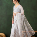 White Embroidered Net Saree Thread Work Party Wear Saree