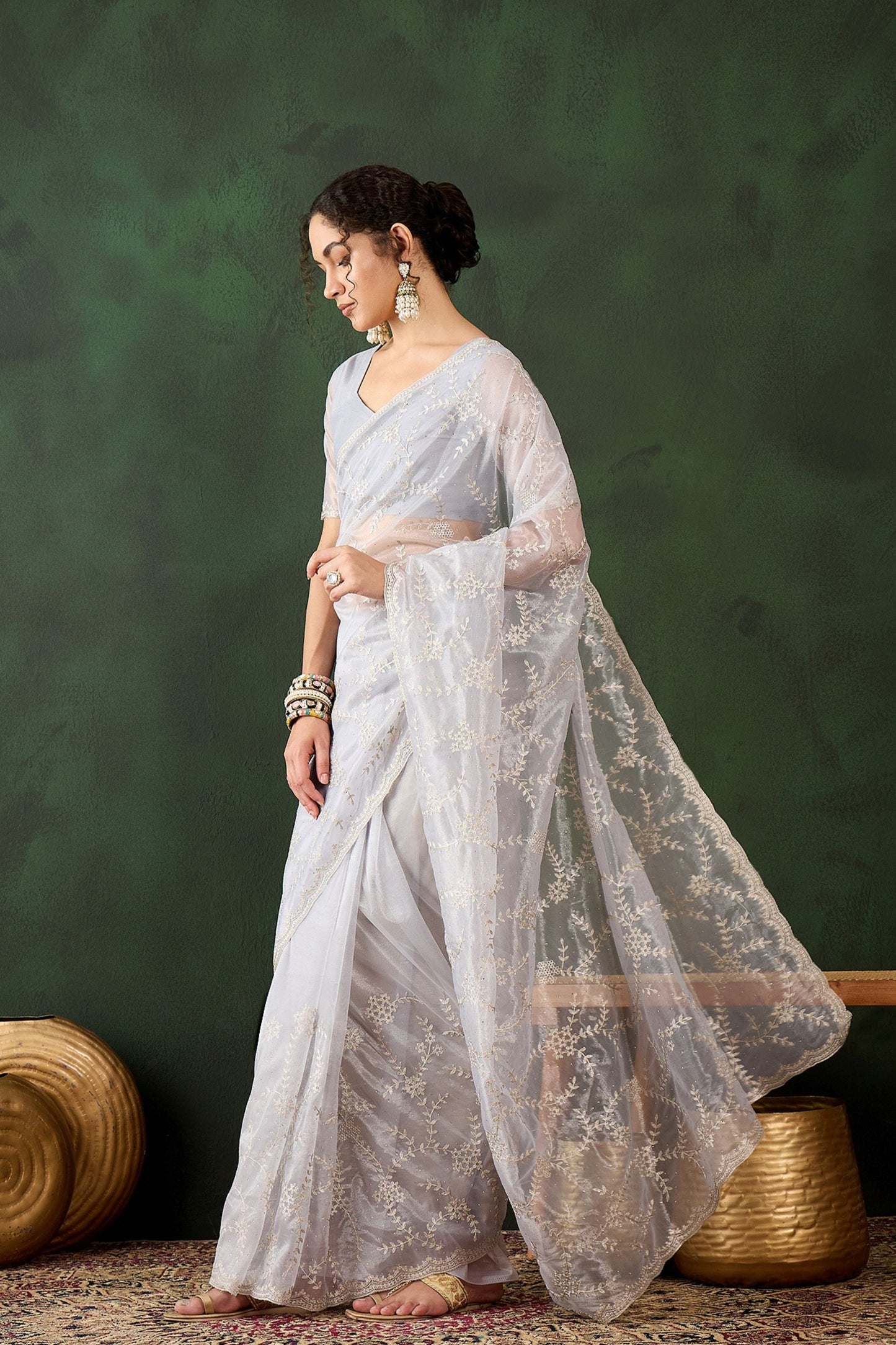 White Embroidered Net Saree Thread Work Party Wear Saree