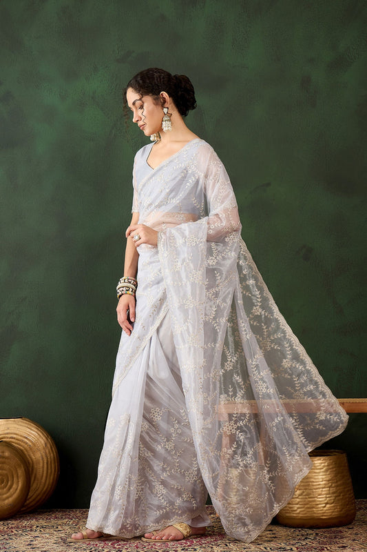 White Embroidered Net Saree Thread Work Party Wear Saree