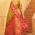 Olive Green Silk Saree with Pink Contrast Border Floral Zari Work