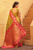 Olive Green Silk Saree with Pink Contrast Border Floral Zari Work