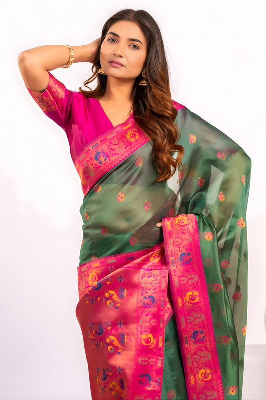 Green Paithani Silk Saree with Pink Zari Border and Traditional