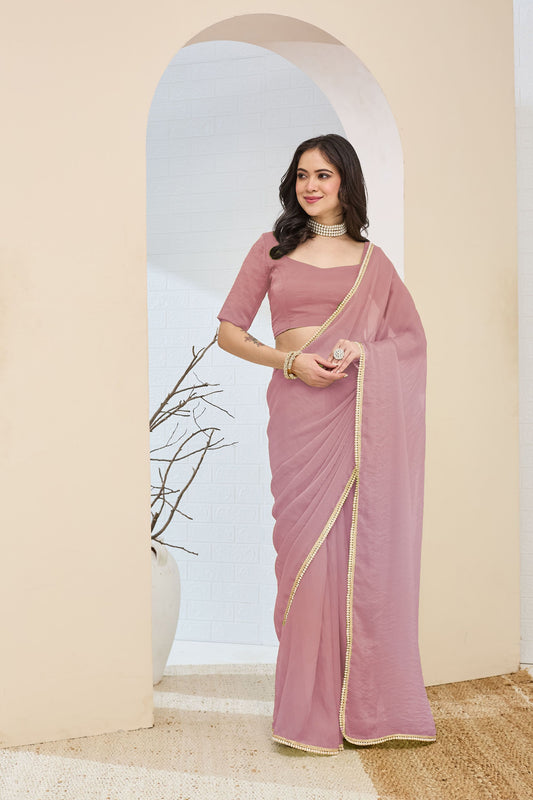 Dusty Pink Georgette Ready To Wear Saree Designer Pearl Lace Border