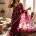 Rani Pink Organza Saree Heavy Sequins Embroidery Designer Blouse