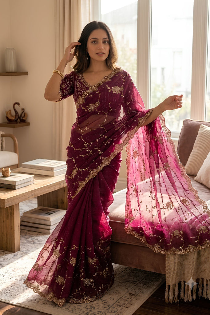 Rani Pink Organza Saree Heavy Sequins Embroidery Designer Blouse