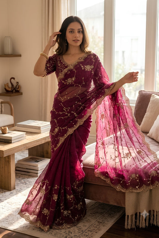 Rani Pink Organza Saree Heavy Sequins Embroidery Designer Blouse