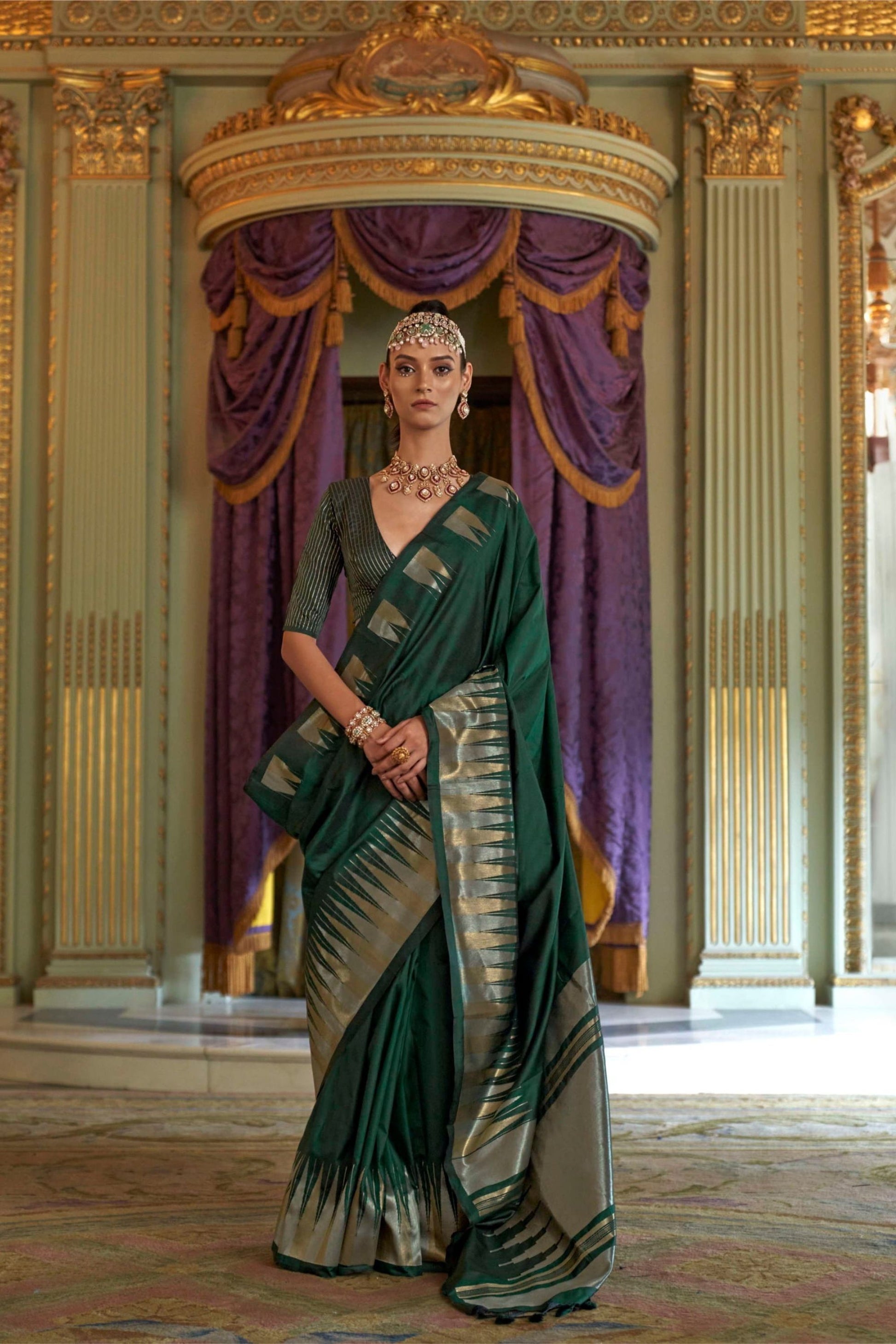 Designer Green Silk Saree with Gold Zari Border Pallu Festive Wear 