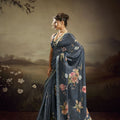 Blue Linen Silk Saree with Floral Digital Print Designer Tassel Pallu