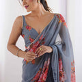 Grey Floral Printed Georgette Saree with Pearl Border Matching Blouse