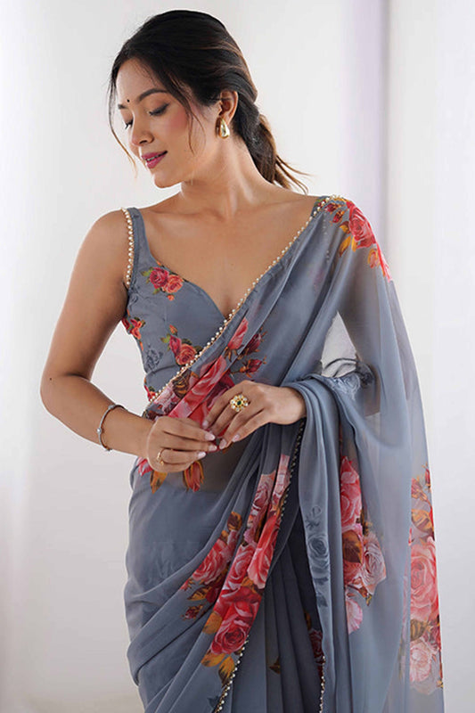 Grey Floral Printed Georgette Saree with Pearl Border Matching Blouse