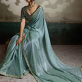 Mint Green Soft Silk Saree Designer Embroidered Blouse Zari Border