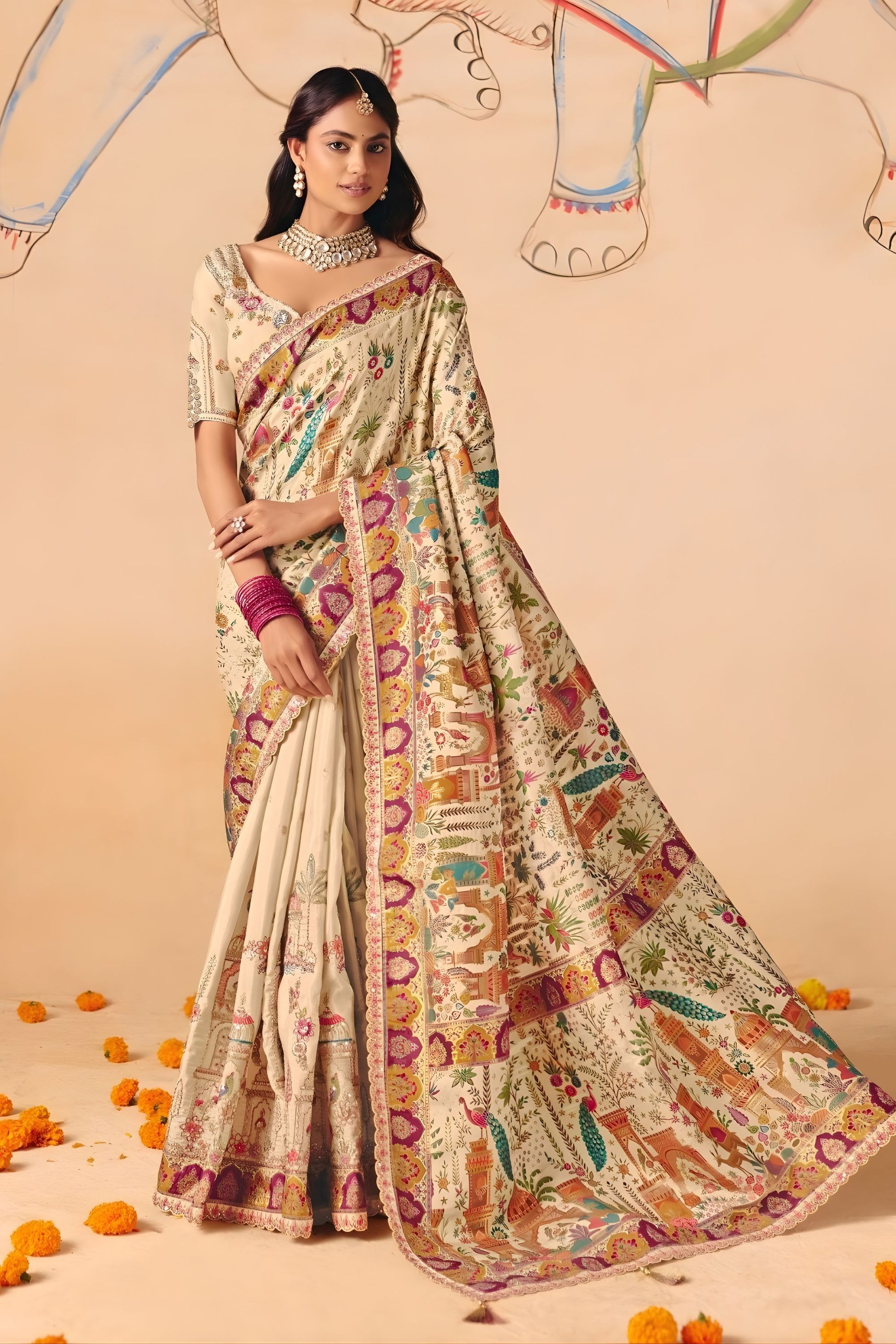 Cream Paithani Silk Saree Multicolor Traditional Zari Weaving Saree
