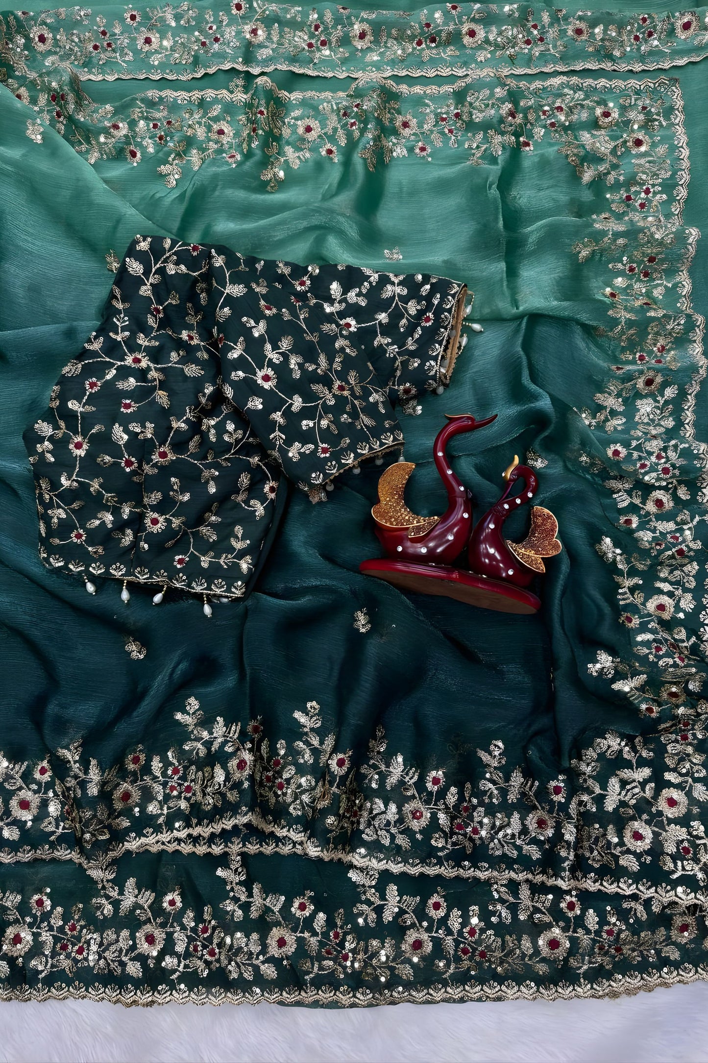 Sea Green Ombre Organza Silk Saree with Heavy Embroidered Border