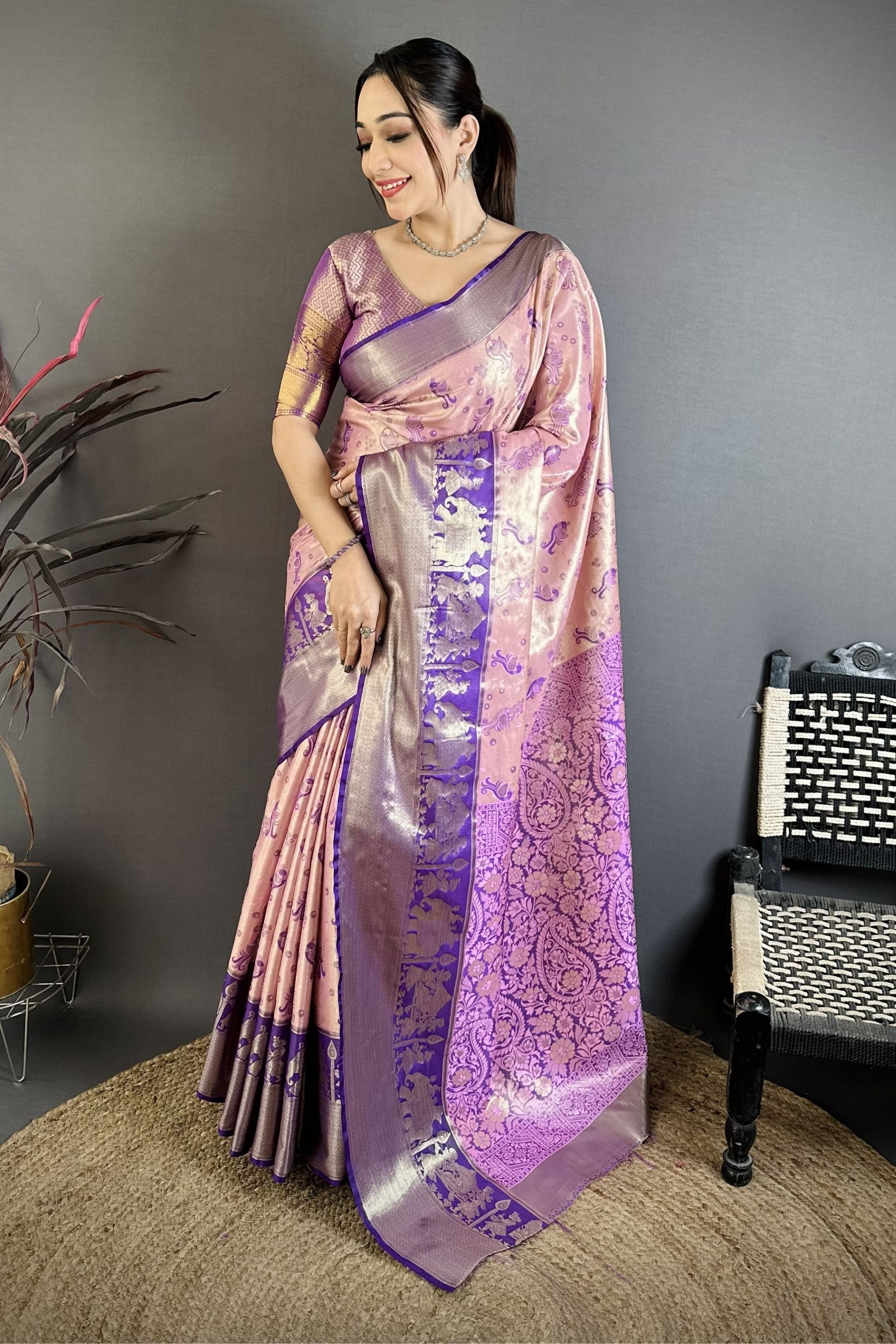 Pink Purple Kanjivaram Silk Saree Traditional Zari Woven Saree