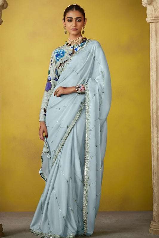 Sky Blue Designer Saree Embroidered Border Floral Printed Blouse