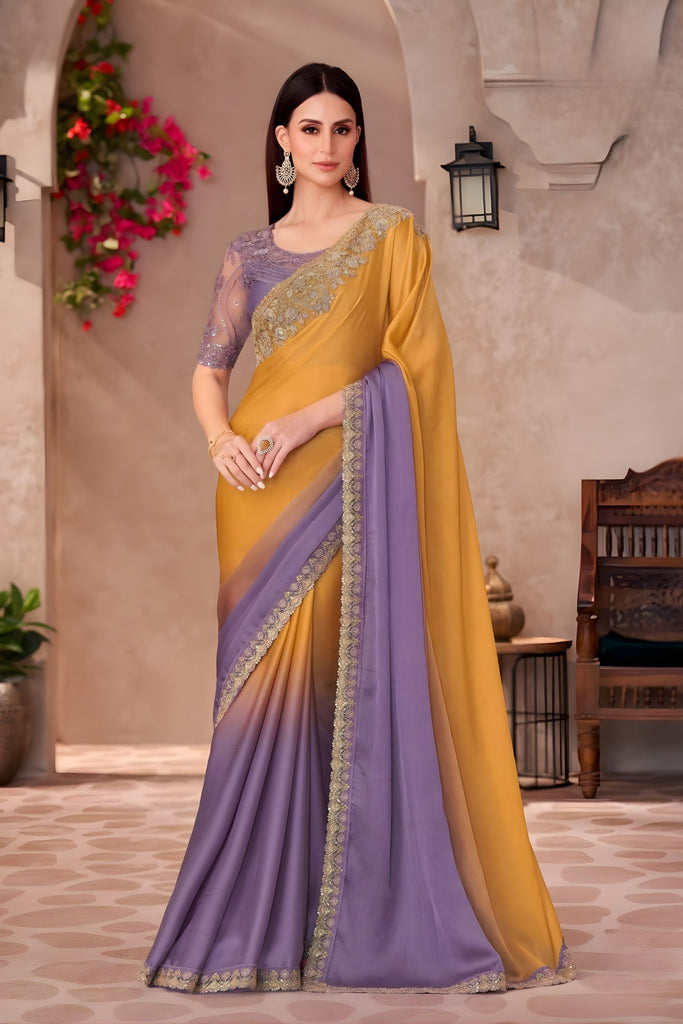 Mustard Yellow Lavender Designer Saree Embroidered Lace Border