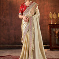  Cream Satin Silk Saree with Heavy Embroidered Border Red Designer Blouse 