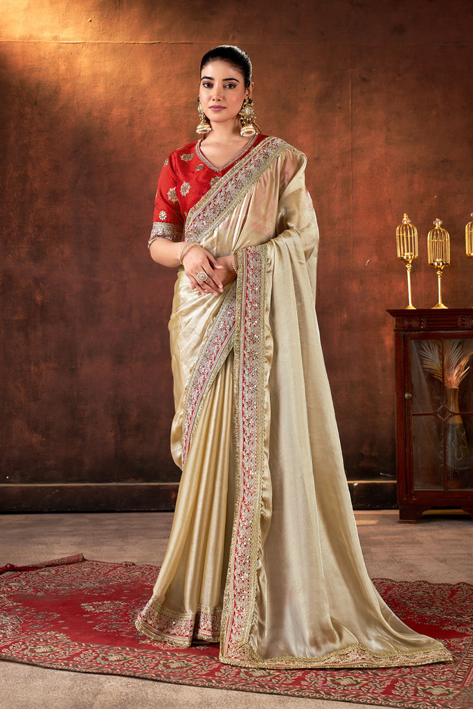  Cream Satin Silk Saree with Heavy Embroidered Border Red Designer Blouse 
